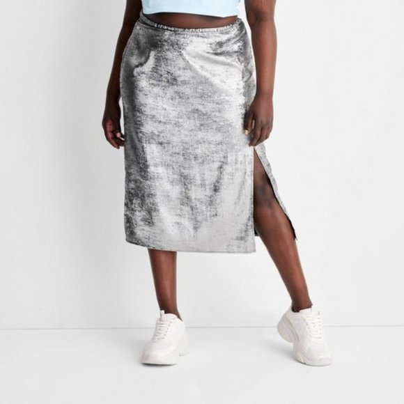 Metallic Silver Side Cut Out Midi Skirt Future Collective with Alani Noelle - Picture 6 of 6